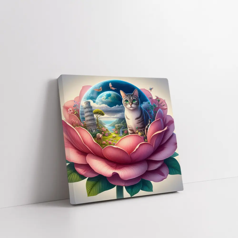 Gray Cat Sitting Inside Giant Pink Peony – Wall Art