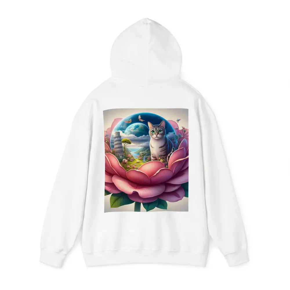 Gray Cat Sitting Inside Giant Pink Peony – Hoodies