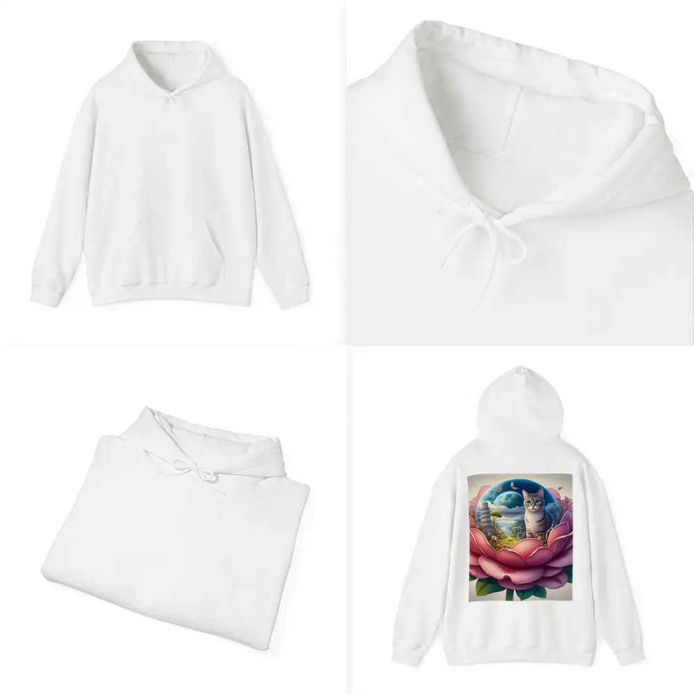 Gray Cat Sitting Inside Giant Pink Peony – Hoodies