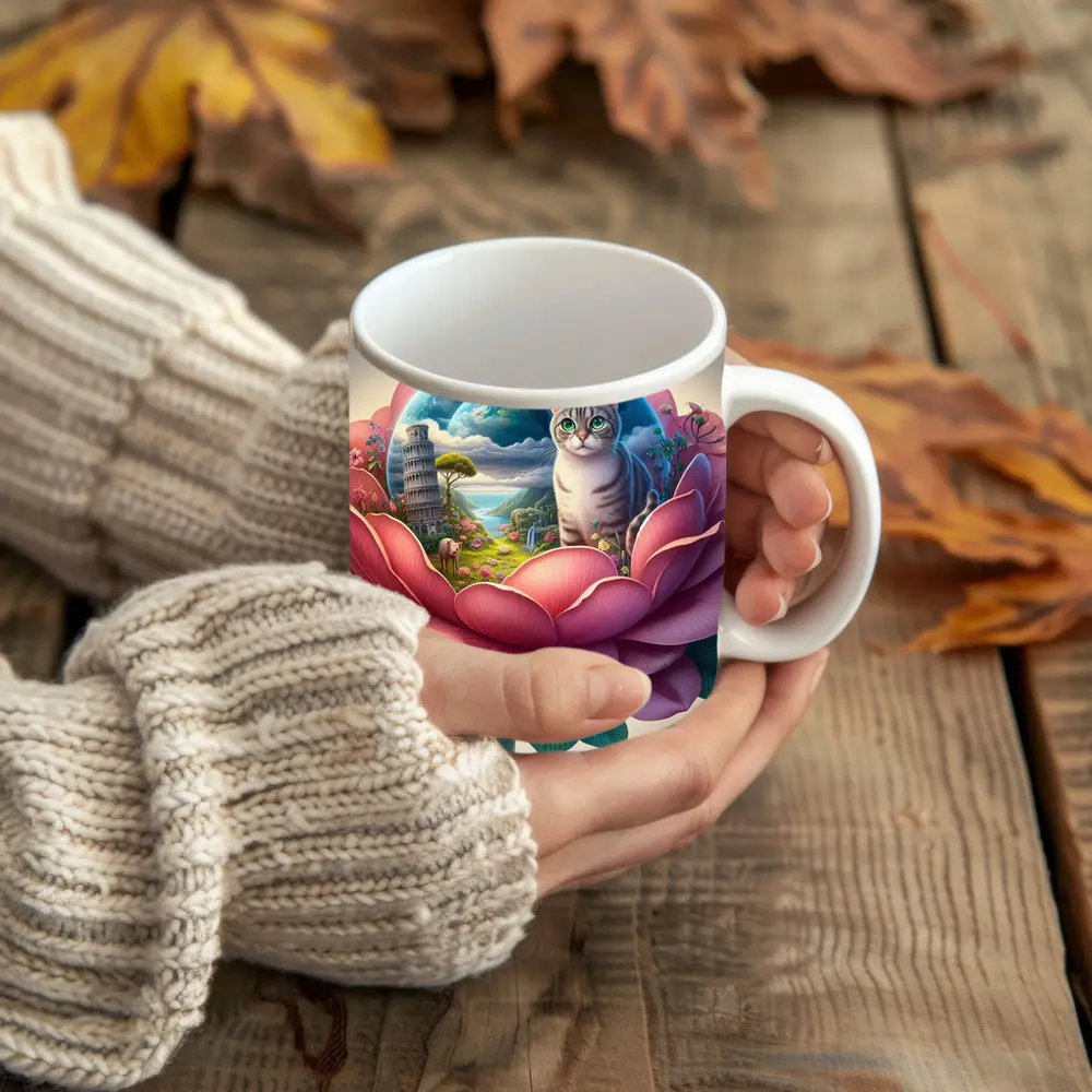 Gray Cat Sitting Inside Giant Pink Peony – Mugs