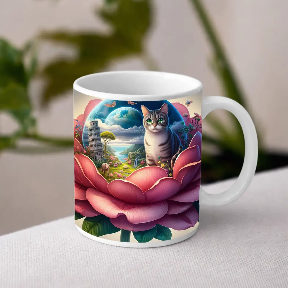 Gray Cat Sitting Inside Giant Pink Peony – Mugs