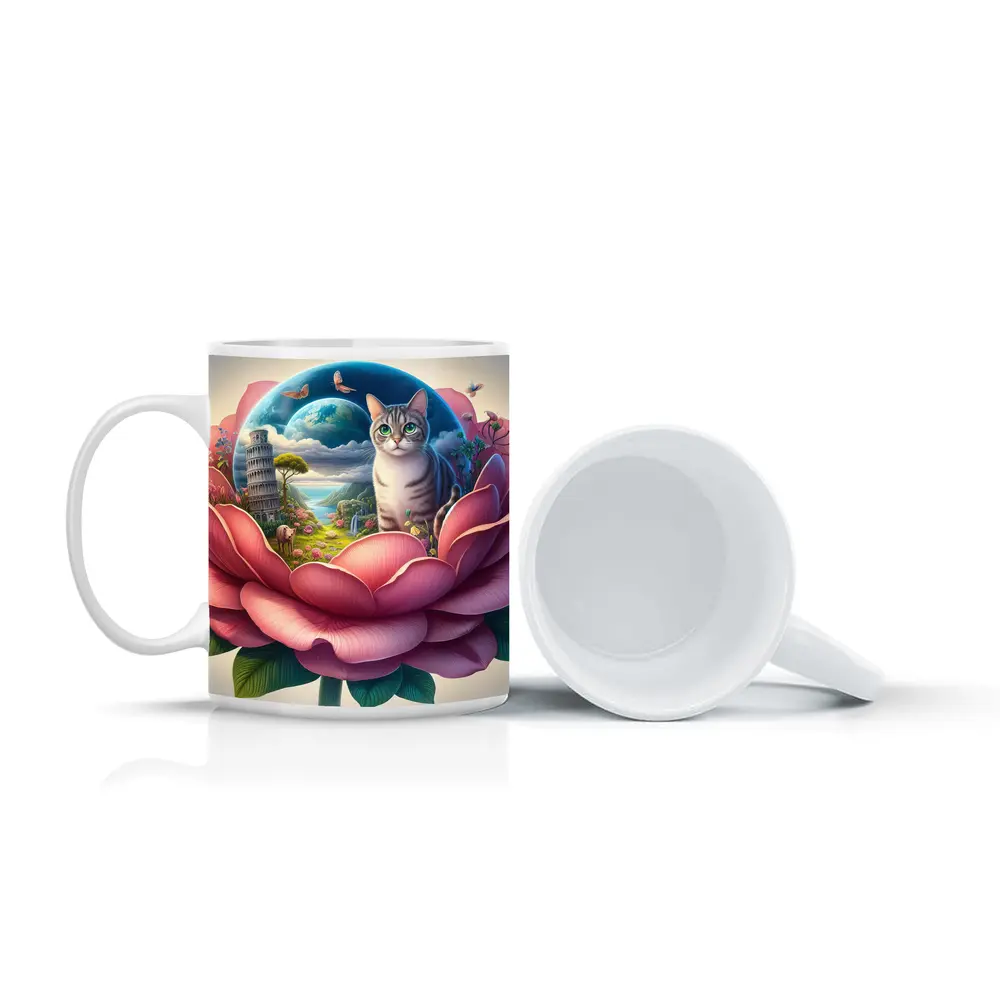 Gray Cat Sitting Inside Giant Pink Peony – Mugs