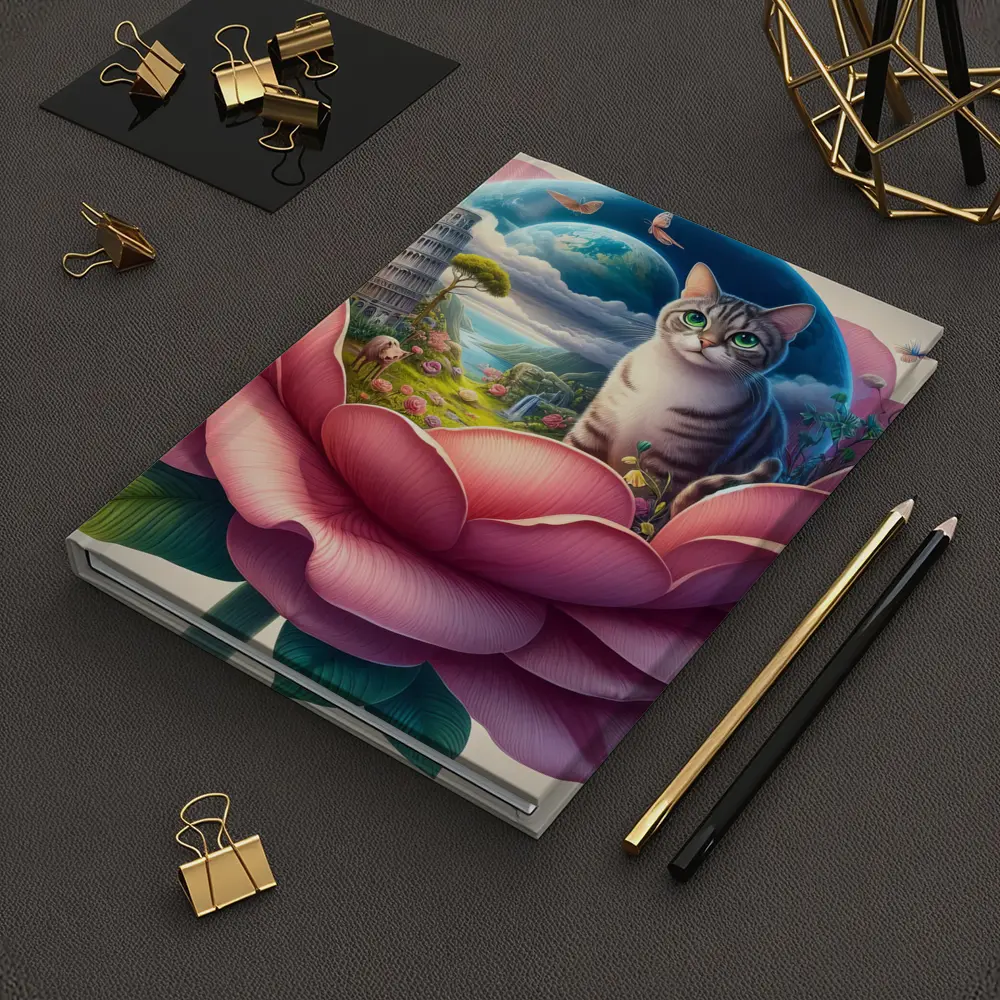 Gray Cat Sitting Inside Giant Pink Peony – Notebooks