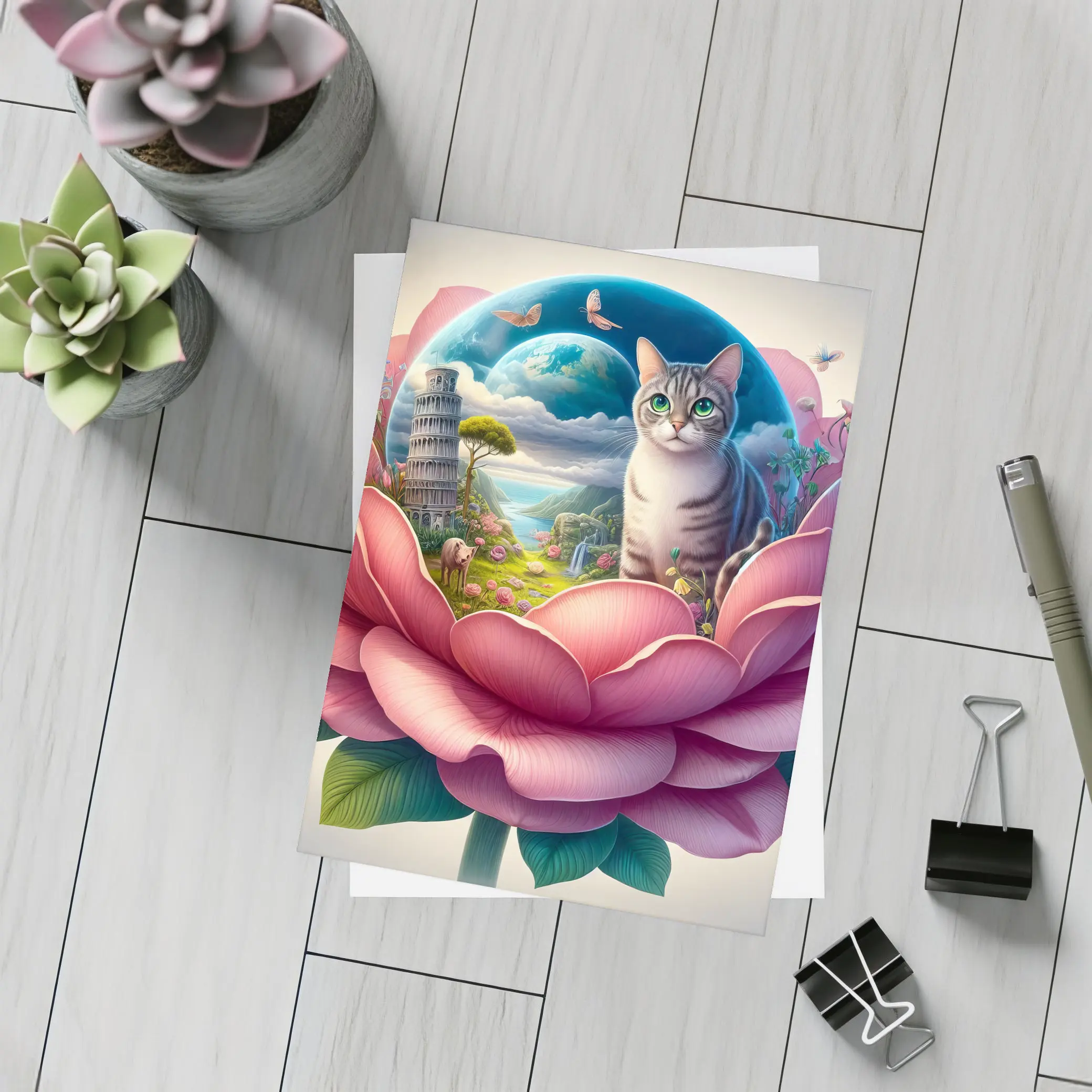 Gray Cat Sitting Inside Giant Pink Peony – Postcards