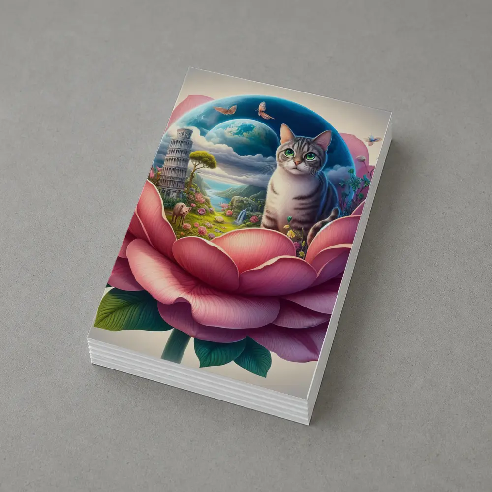 Gray Cat Sitting Inside Giant Pink Peony – Postcards