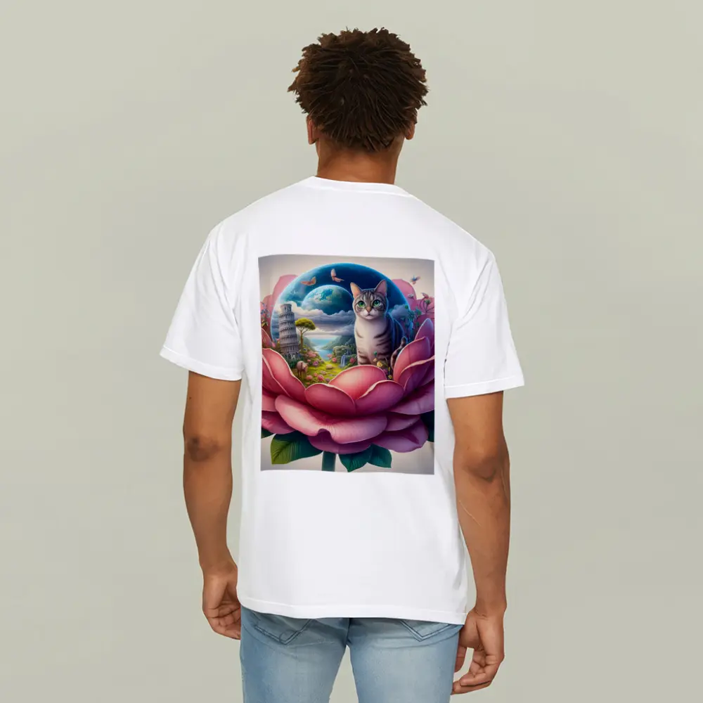 Gray Cat Sitting Inside Giant Pink Peony – T-Shirts
