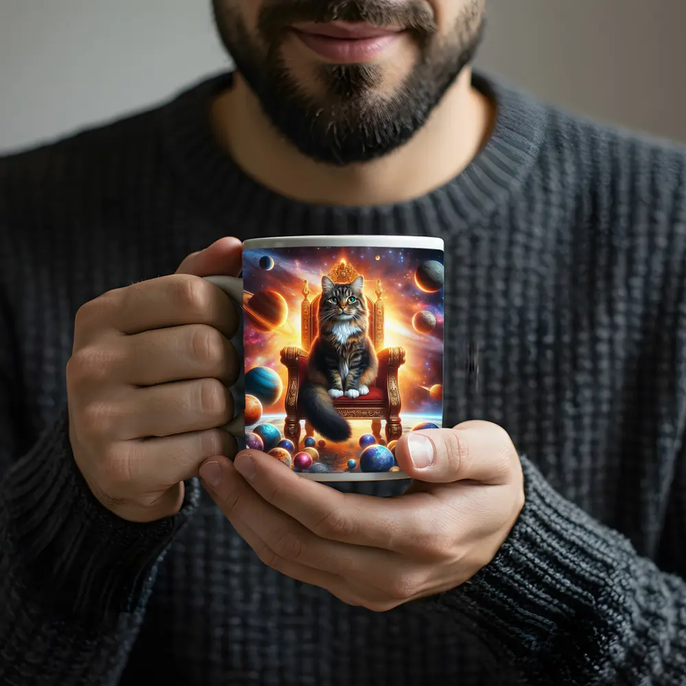 Royal Cat Sitting on Throne in Space – Mugs