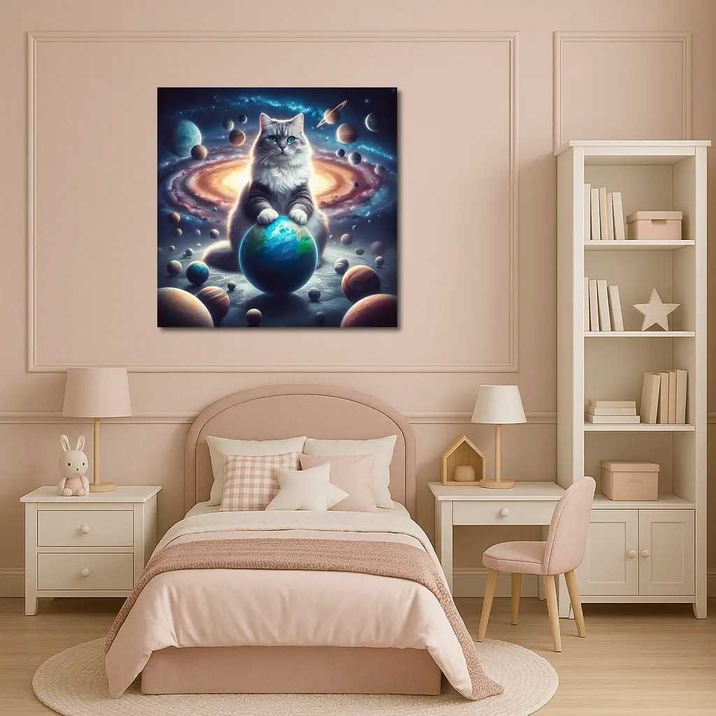 Gray Cat Ruling Space Planets Galaxy – Wall Art