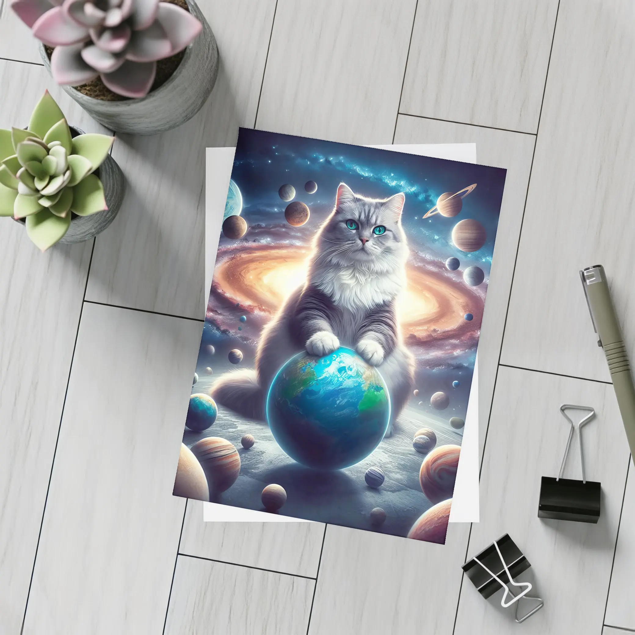 Gray Cat Ruling Space Planets Galaxy – Postcards