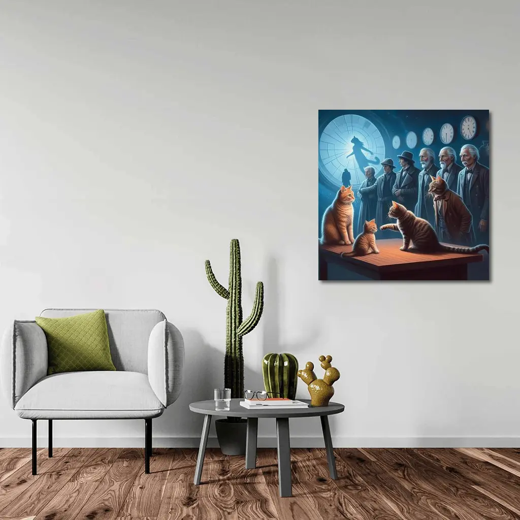 Cats and Elders Clocks Surreal Fantasy Scene – Wall Art