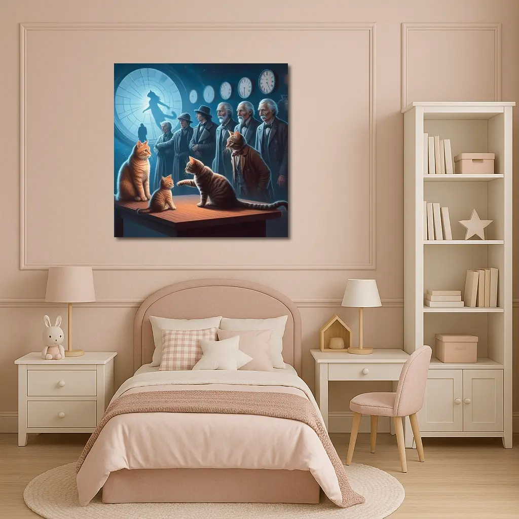 Cats and Elders Clocks Surreal Fantasy Scene – Wall Art