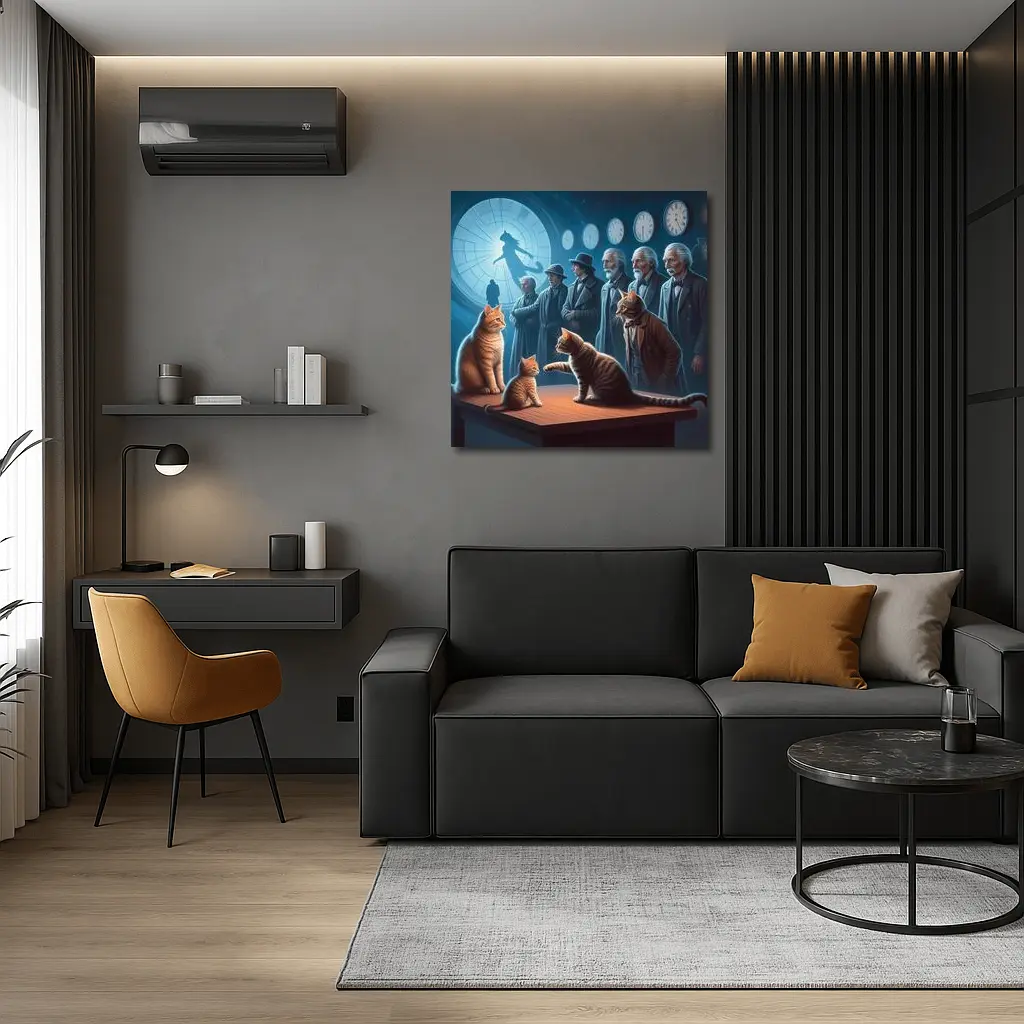 Cats and Elders Clocks Surreal Fantasy Scene – Wall Art