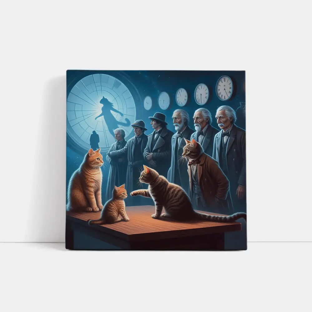 Cats and Elders Clocks Surreal Fantasy Scene – Wall Art