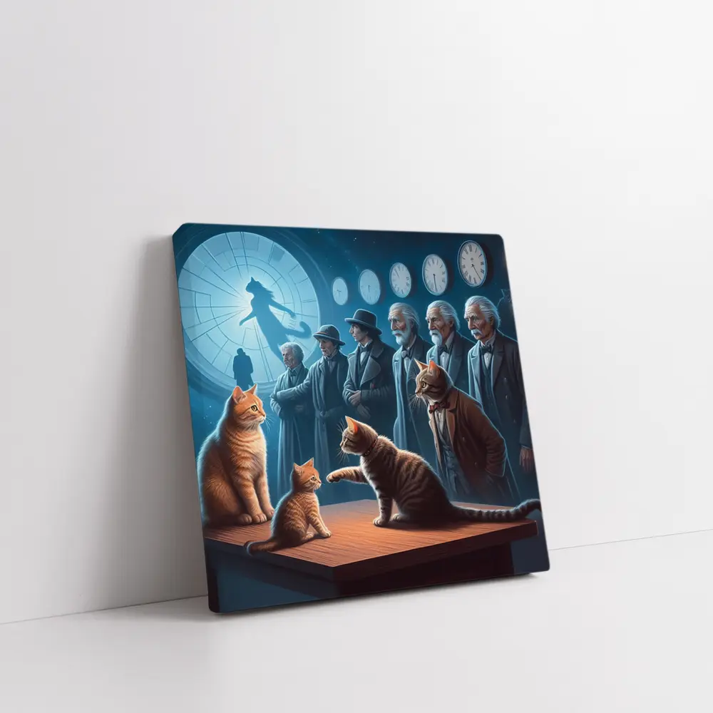 Cats and Elders Clocks Surreal Fantasy Scene – Wall Art