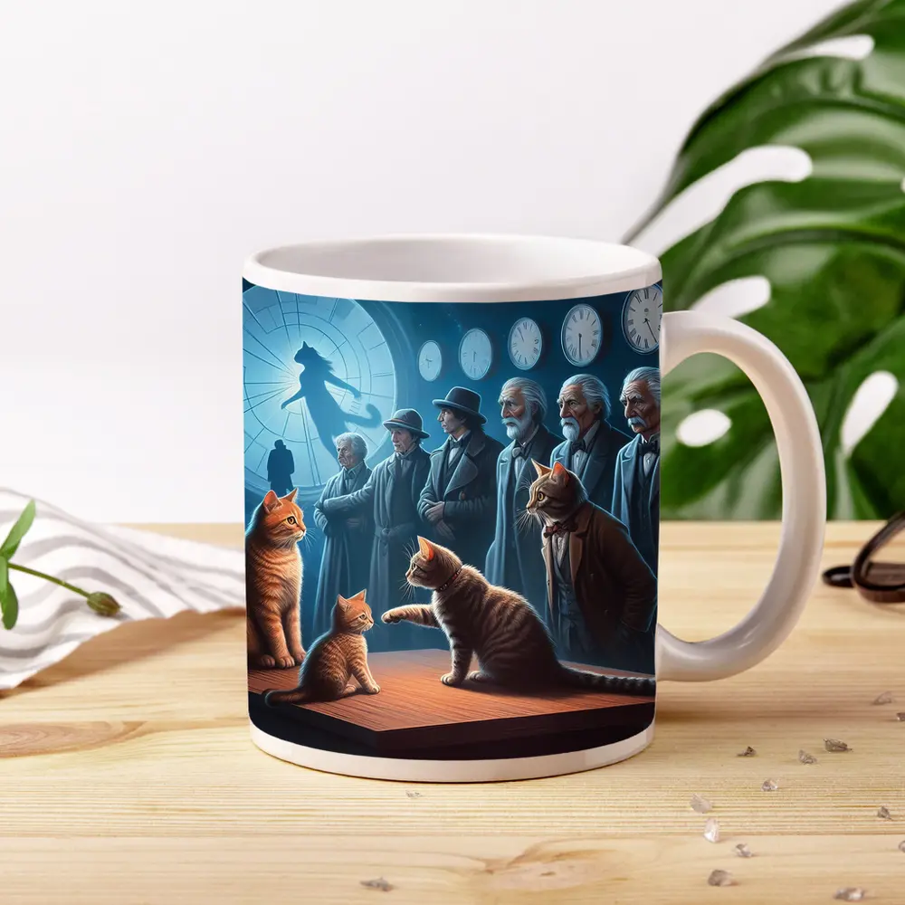 Cats and Elders Clocks Surreal Fantasy Scene – Mugs