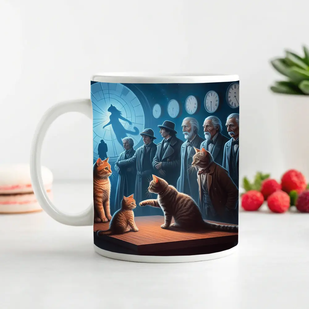 Cats and Elders Clocks Surreal Fantasy Scene – Mugs
