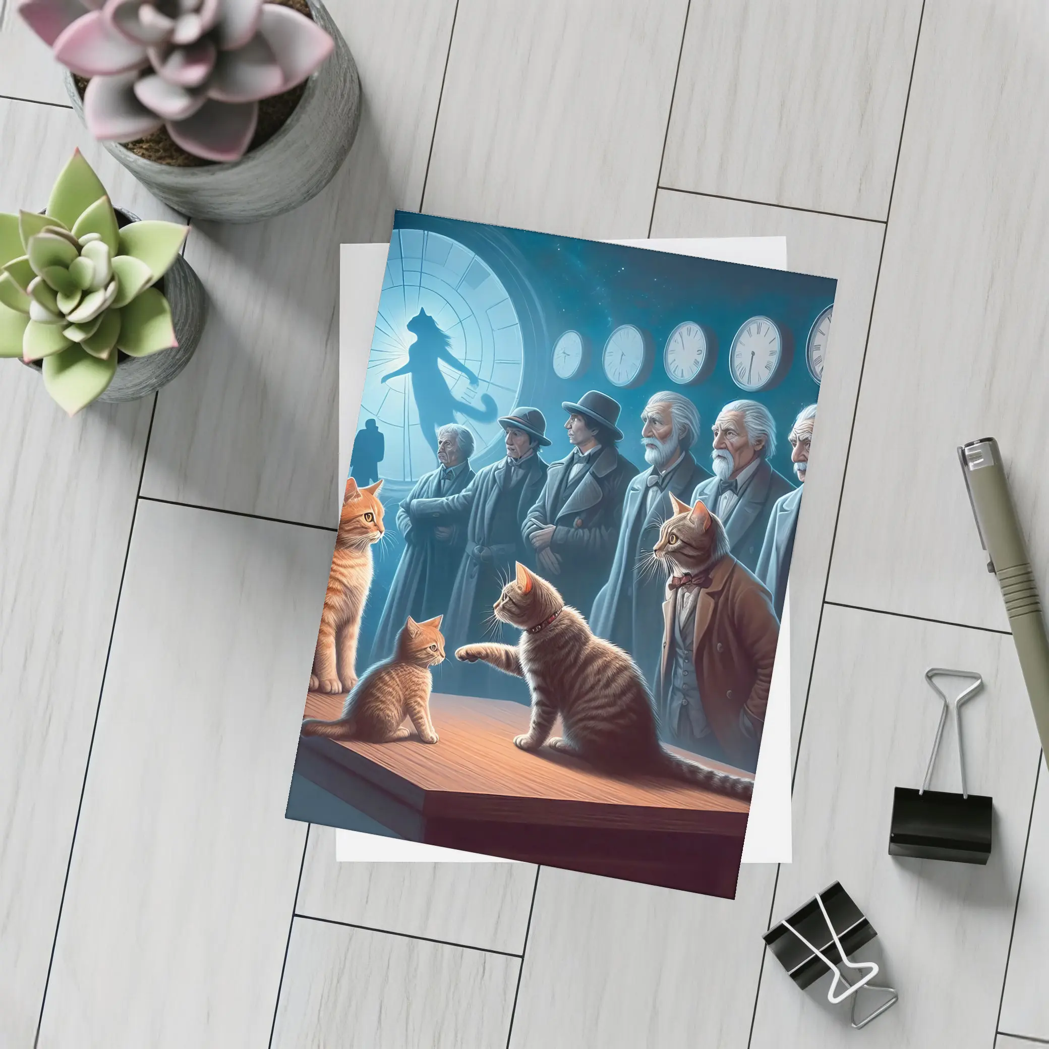 Cats and Elders Clocks Surreal Fantasy Scene – Postcards