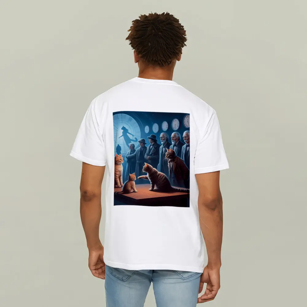 Cats and Elders Clocks Surreal Fantasy Scene – T-Shirts