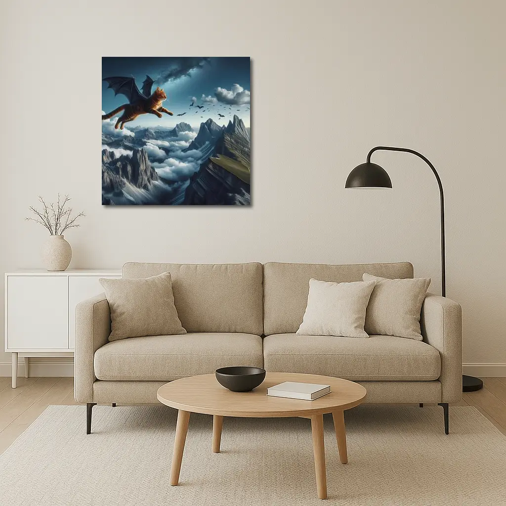 Orange Tabby Cat Bat Wings Mountain Sky – Wall Art