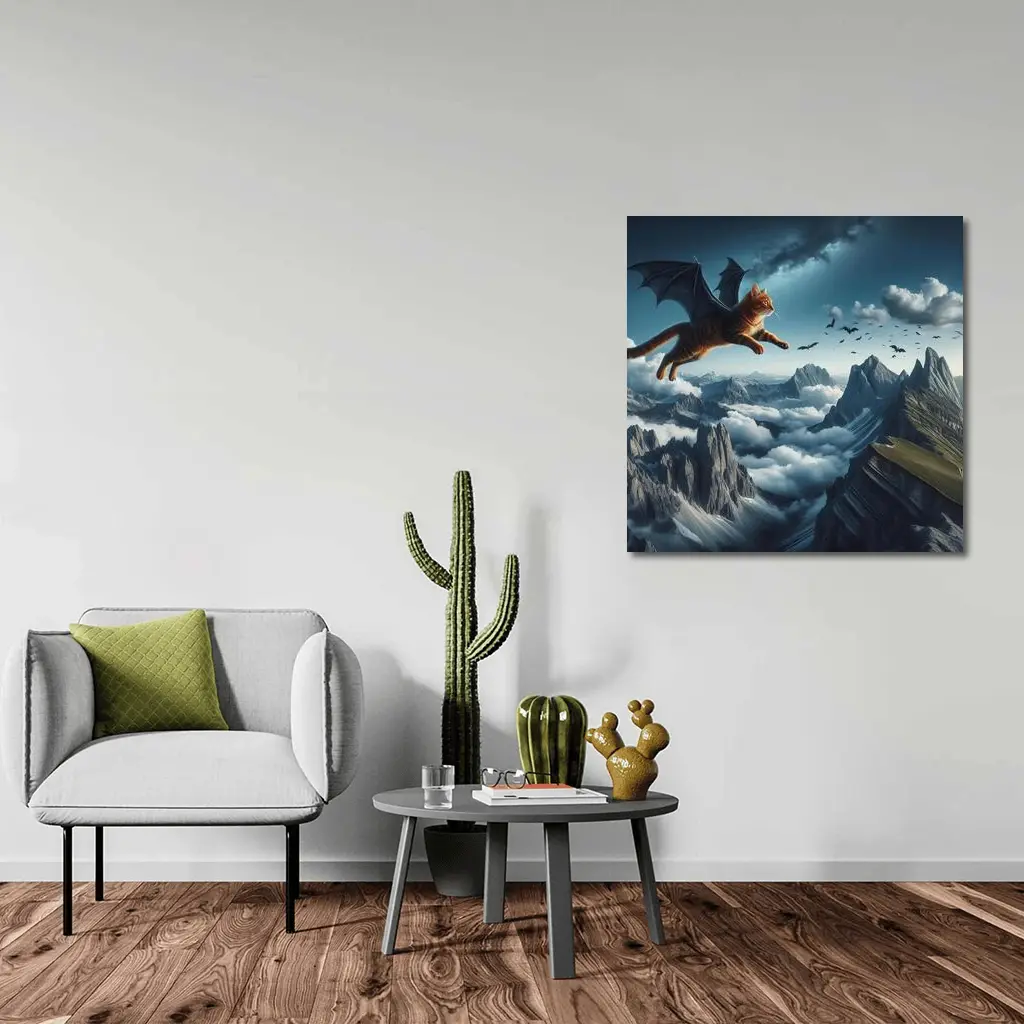 Orange Tabby Cat Bat Wings Mountain Sky – Wall Art