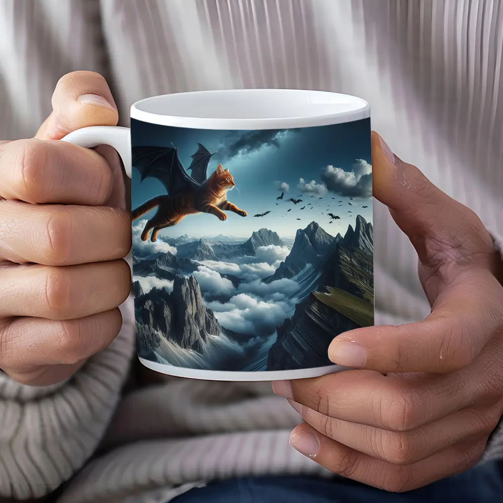 Orange Tabby Cat Bat Wings Mountain Sky – Mugs