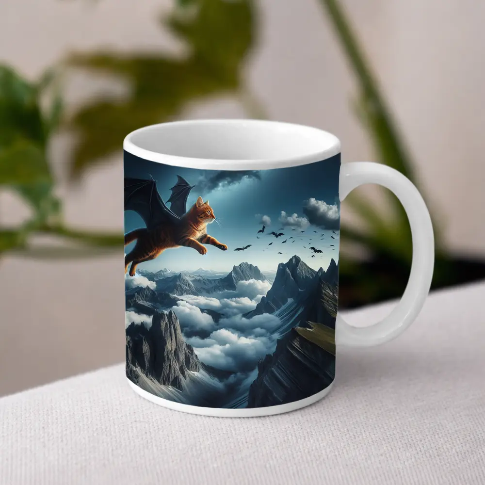 Orange Tabby Cat Bat Wings Mountain Sky – Mugs