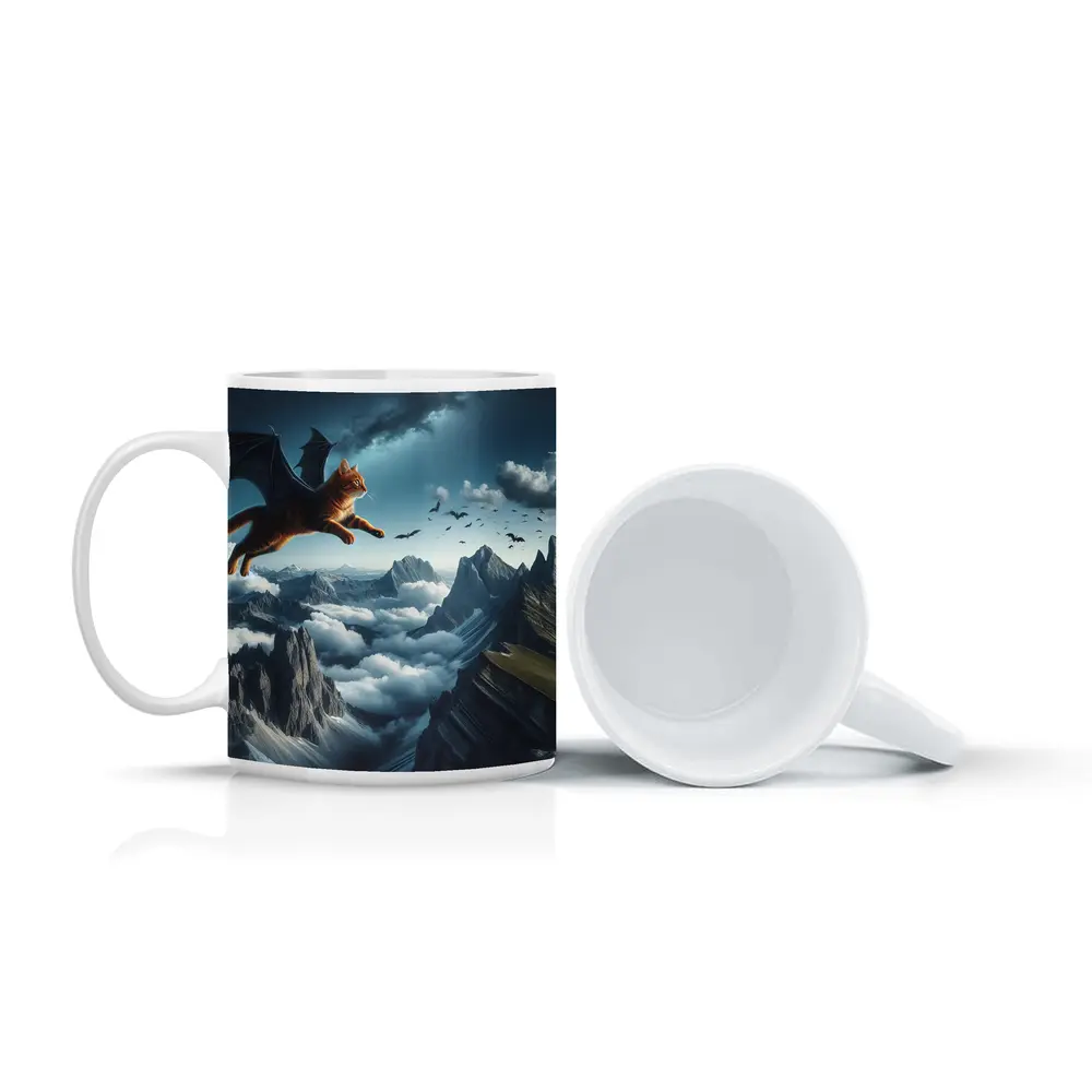 Orange Tabby Cat Bat Wings Mountain Sky – Mugs