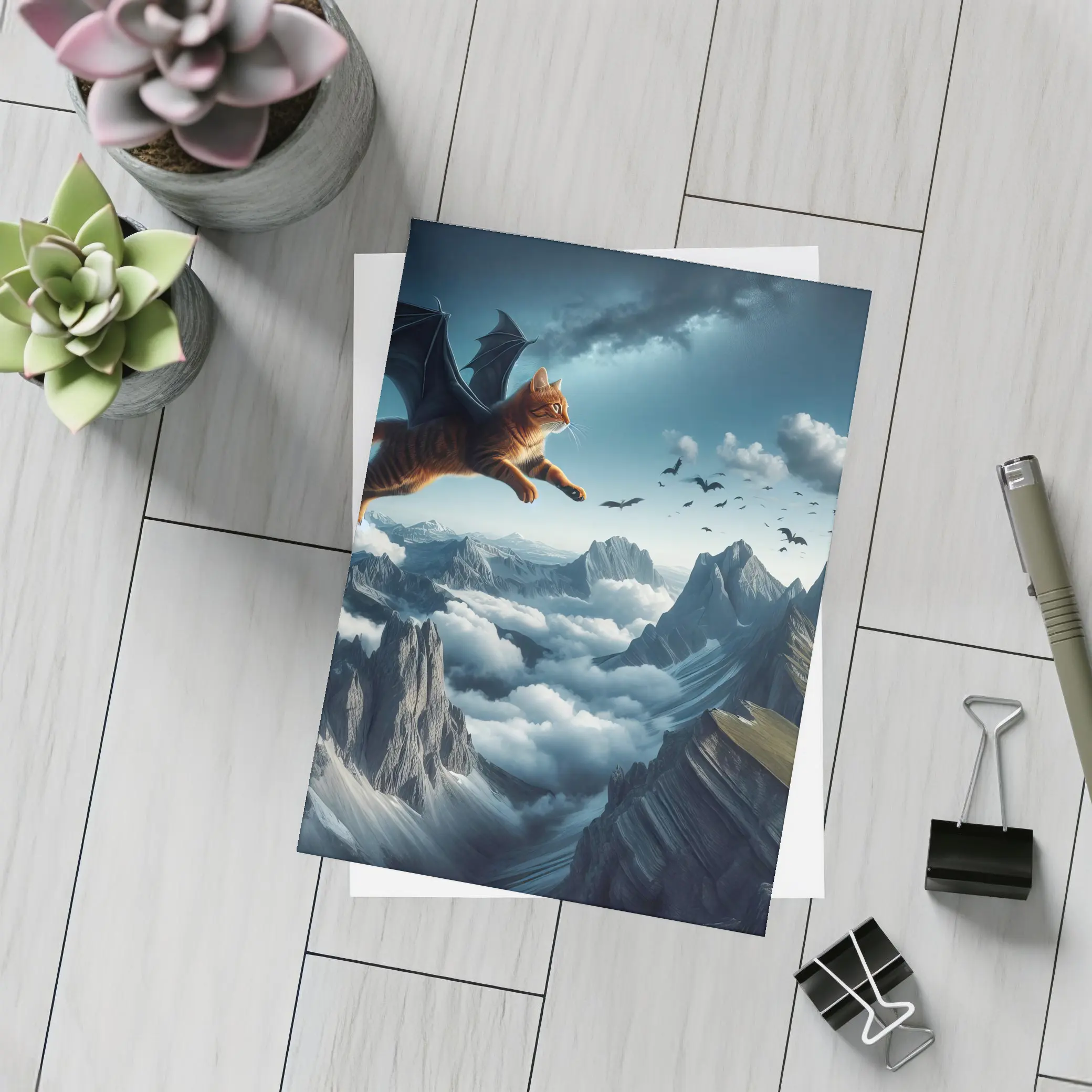 Orange Tabby Cat Bat Wings Mountain Sky – Postcards