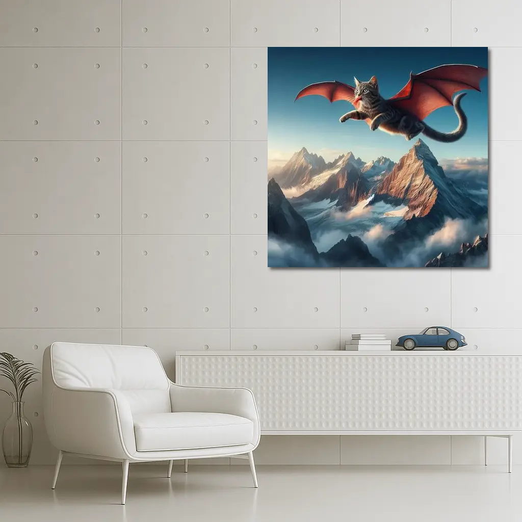 Dragon Wings Cat Flying Over Mountains – Wall Art