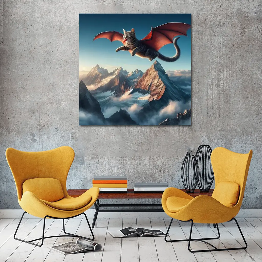 Dragon Wings Cat Flying Over Mountains – Wall Art