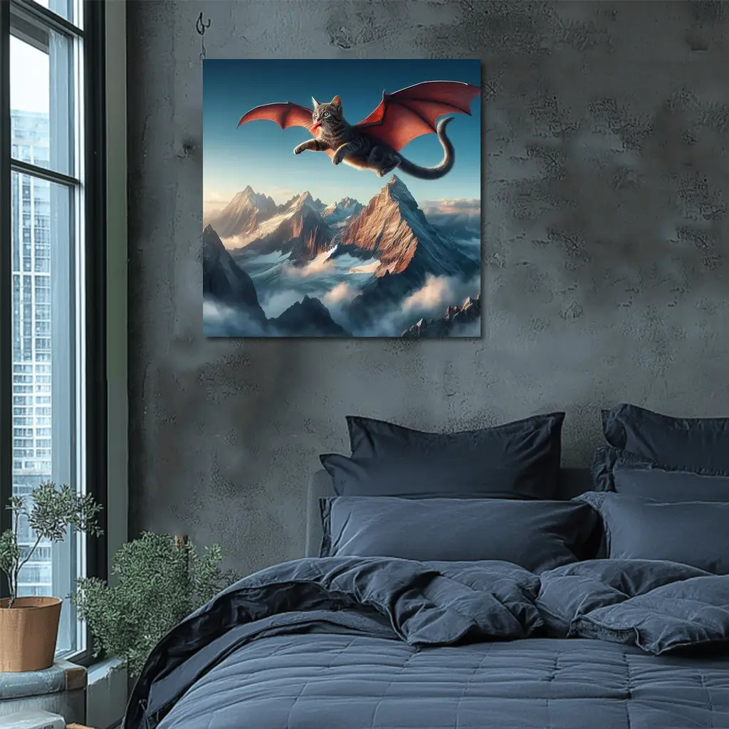 Dragon Wings Cat Flying Over Mountains – Wall Art