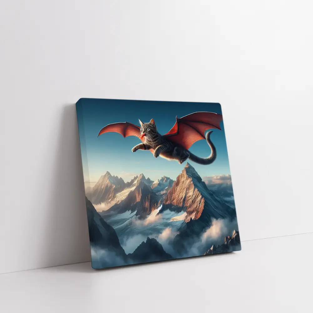 Dragon Wings Cat Flying Over Mountains – Wall Art