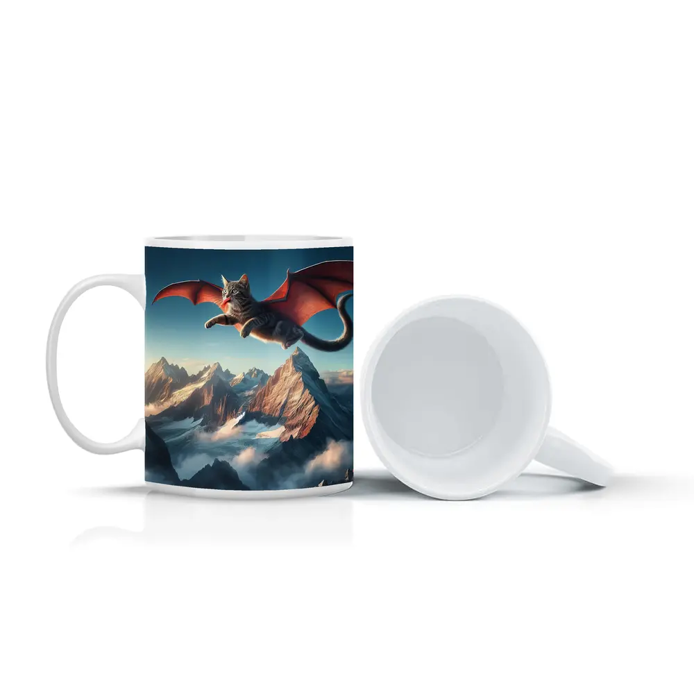 Dragon Wings Cat Flying Over Mountains – Mugs