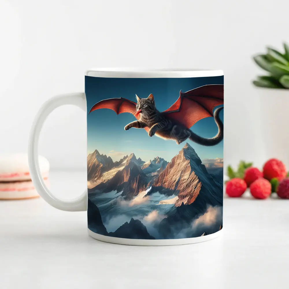 Dragon Wings Cat Flying Over Mountains – Mugs