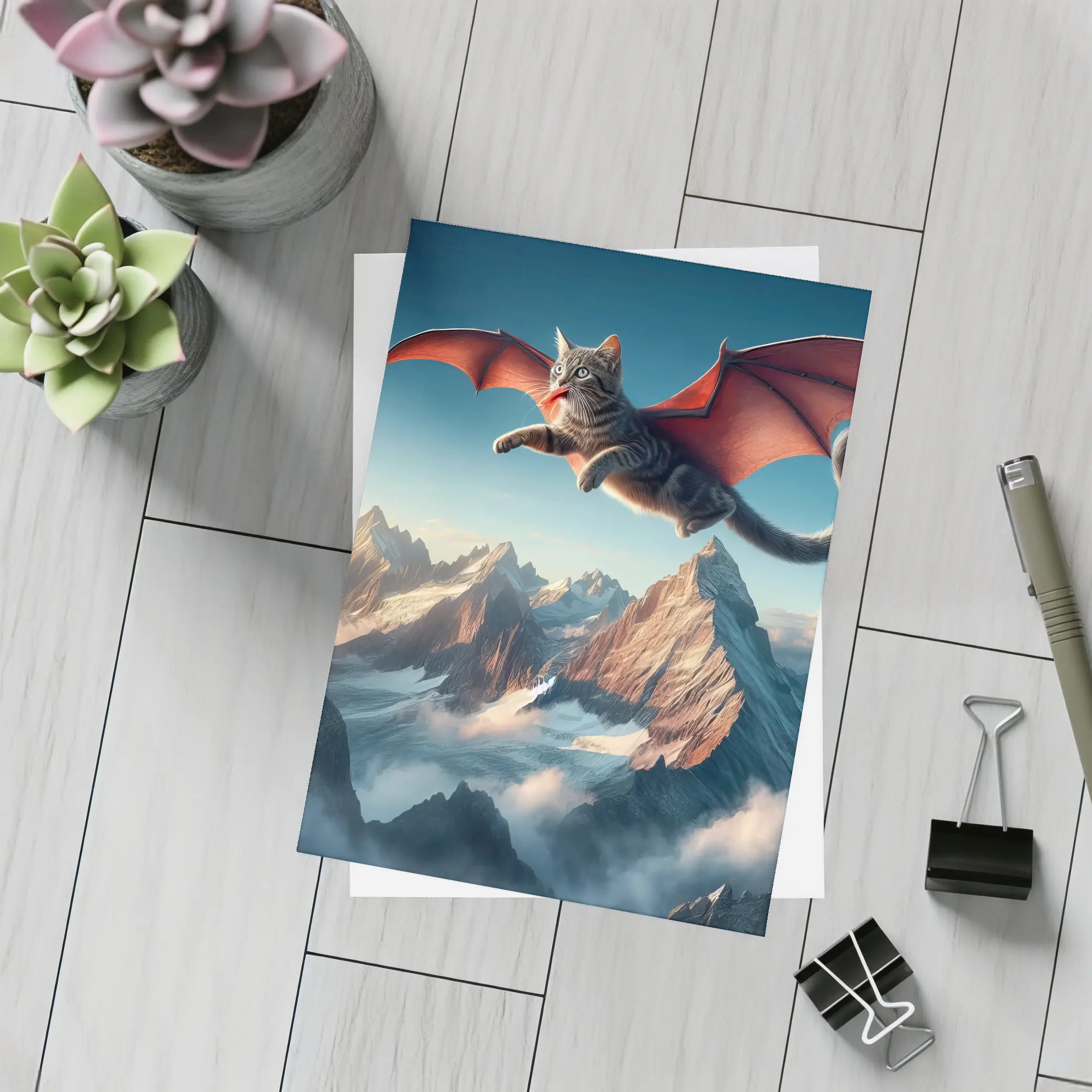 Dragon Wings Cat Flying Over Mountains – Postcards