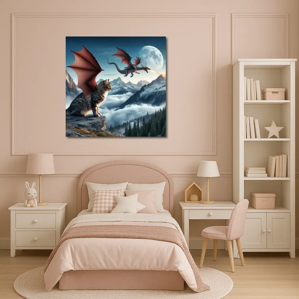 Winged Cat Dragon Mountains Moon Fantasy – Wall Art
