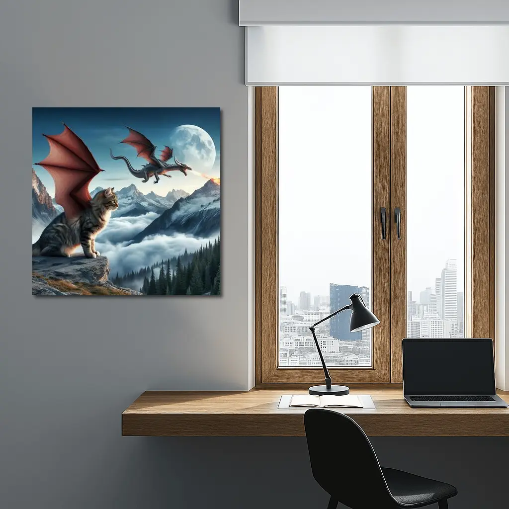 Winged Cat Dragon Mountains Moon Fantasy – Wall Art