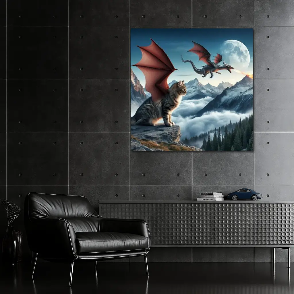 Winged Cat Dragon Mountains Moon Fantasy – Wall Art
