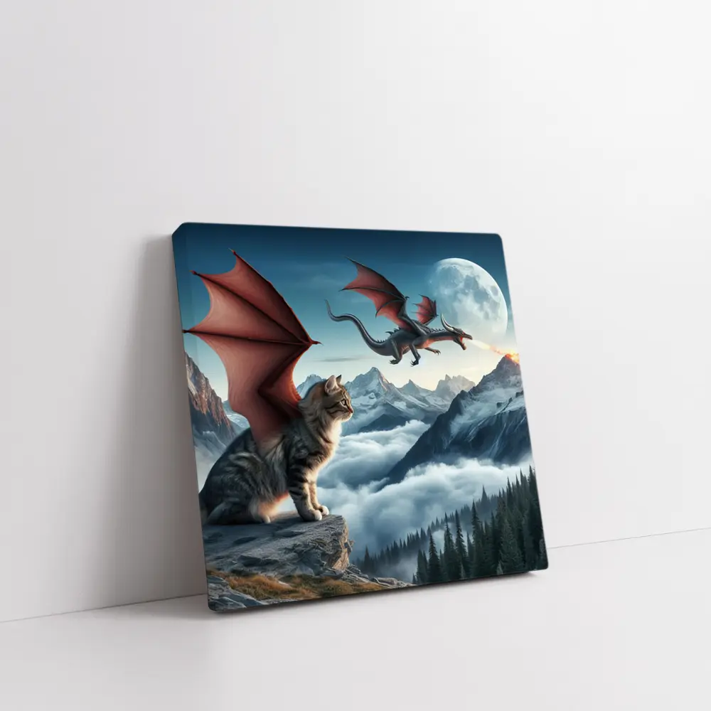 Winged Cat Dragon Mountains Moon Fantasy – Wall Art