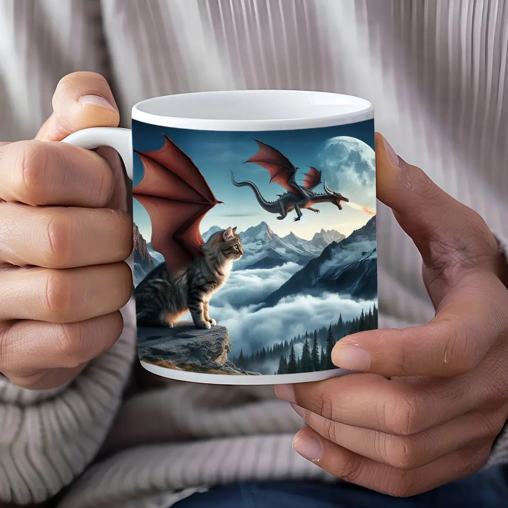 Winged Cat Dragon Mountains Moon Fantasy – Mugs