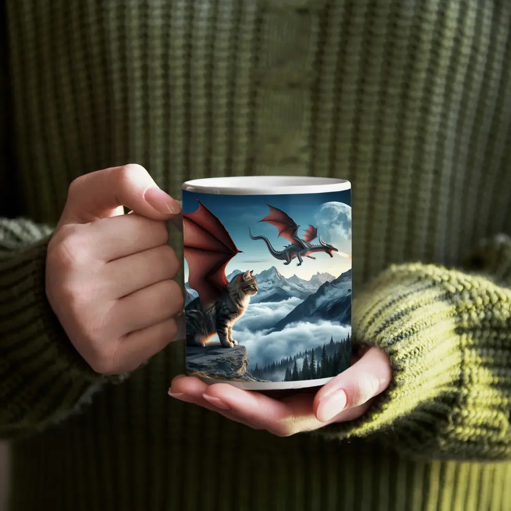 Winged Cat Dragon Mountains Moon Fantasy – Mugs