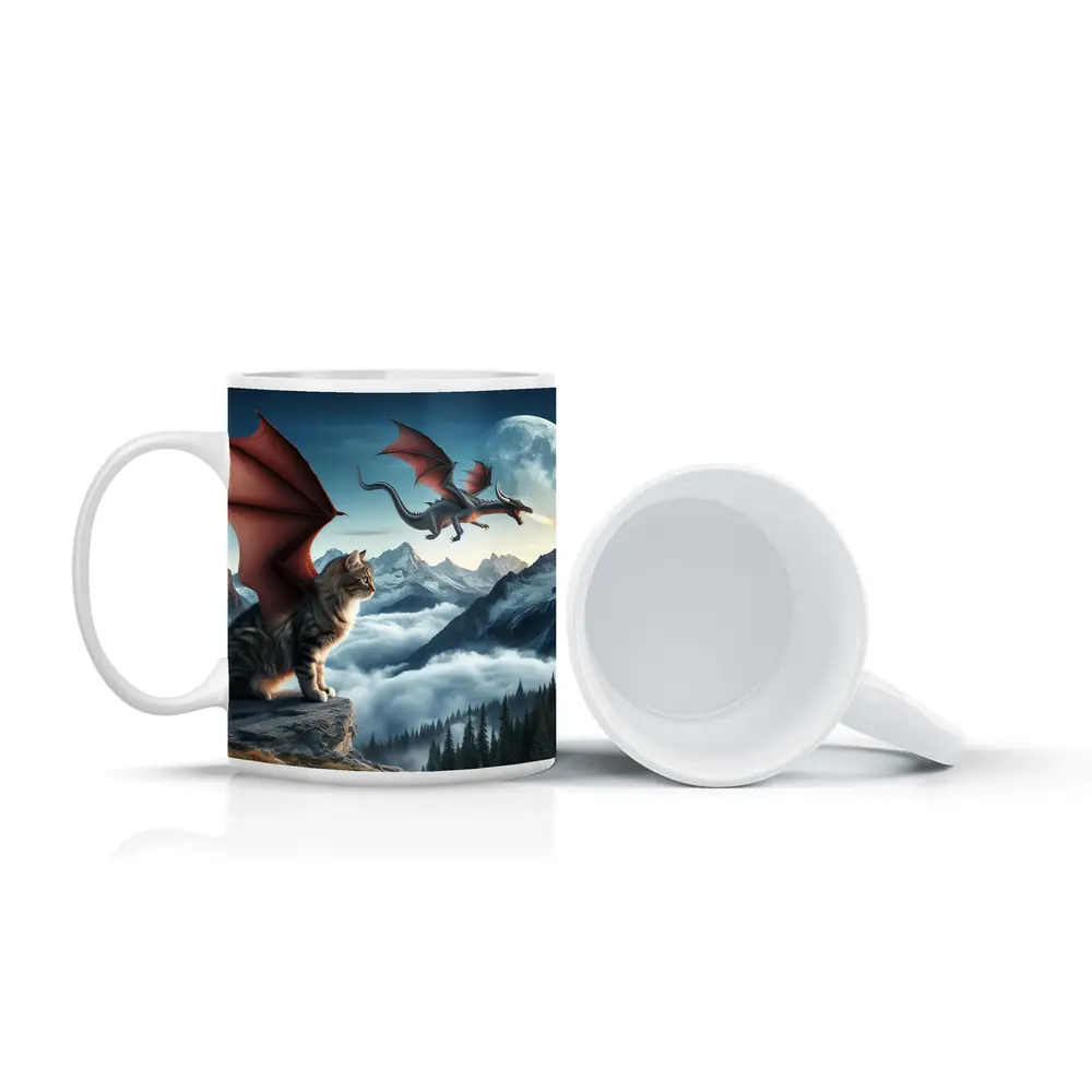Winged Cat Dragon Mountains Moon Fantasy – Mugs