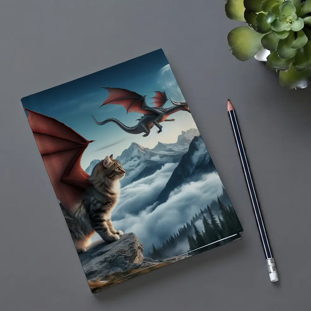 Winged Cat Dragon Mountains Moon Fantasy – Notebooks