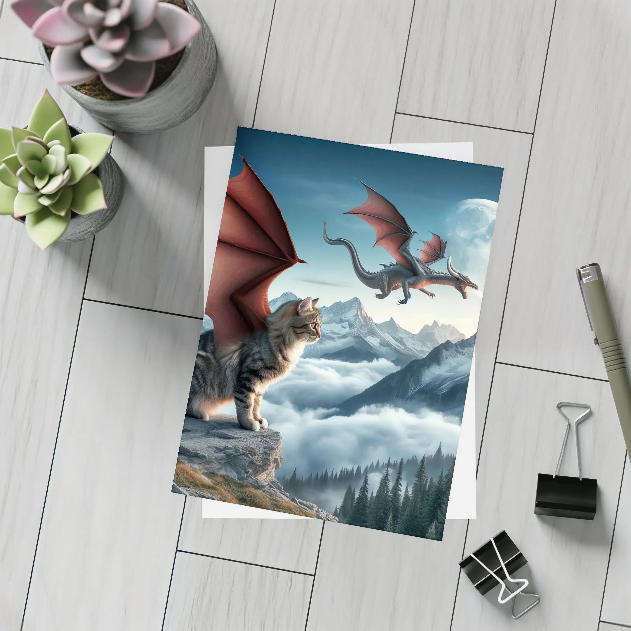 Winged Cat Dragon Mountains Moon Fantasy – Postcards