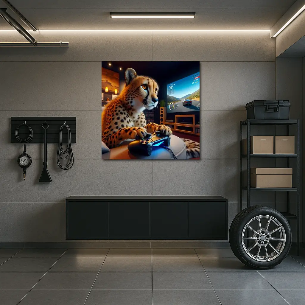 Cheetah Gaming With Controller Cozy Room – Wall Art