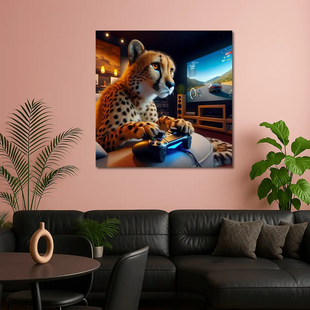 Cheetah Gaming With Controller Cozy Room – Wall Art
