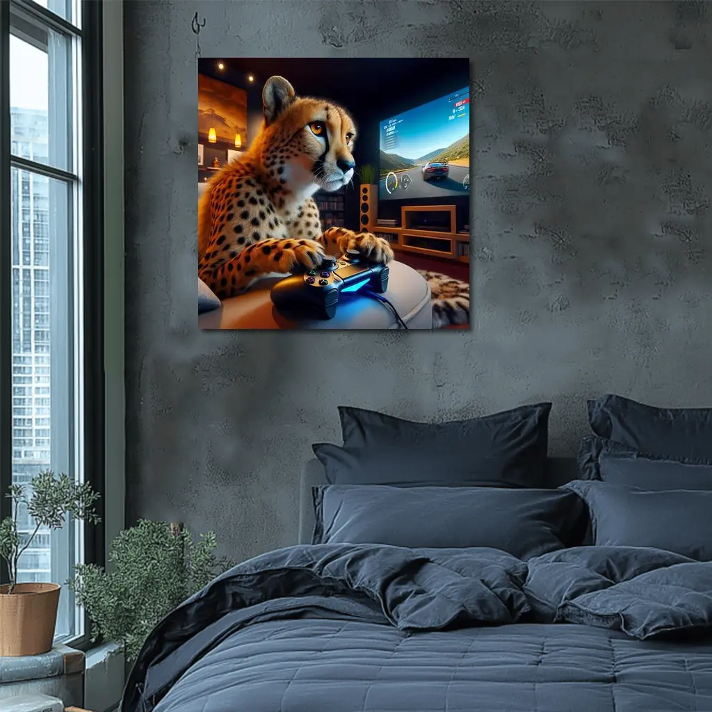 Cheetah Gaming With Controller Cozy Room – Wall Art