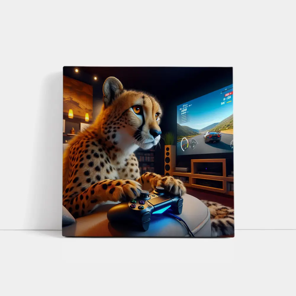 Cheetah Gaming With Controller Cozy Room – Wall Art