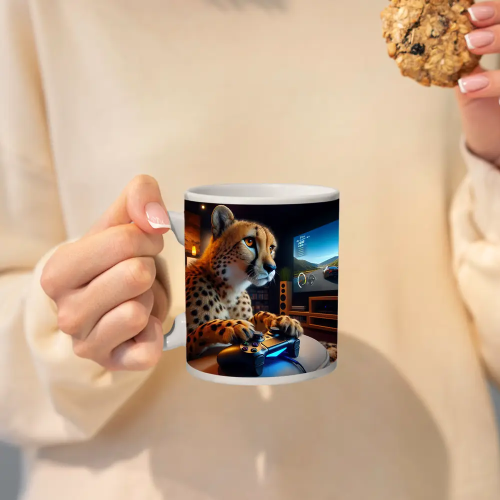 Cheetah Gaming With Controller Cozy Room – Mugs
