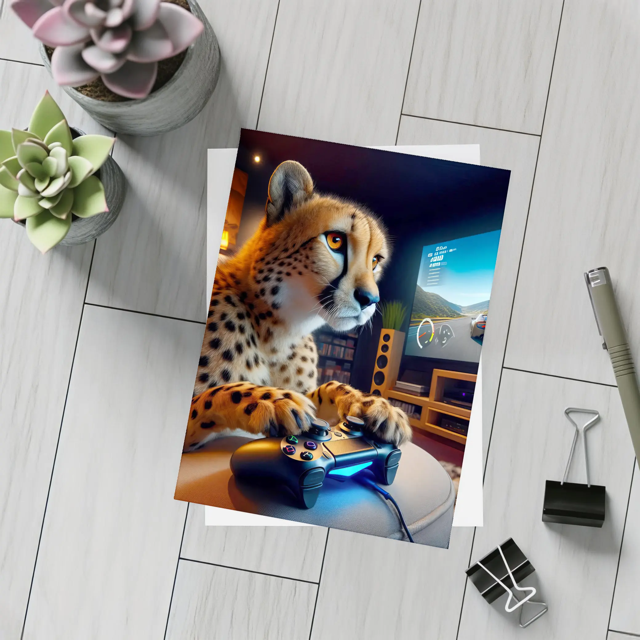 Cheetah Gaming With Controller Cozy Room – Postcards